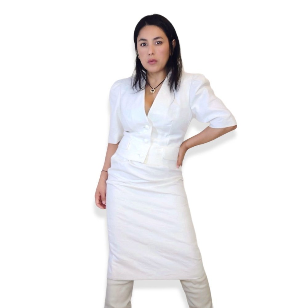 Jaeger vtge Britain made quilted roses puff sleeve jacket & high rise skirt set